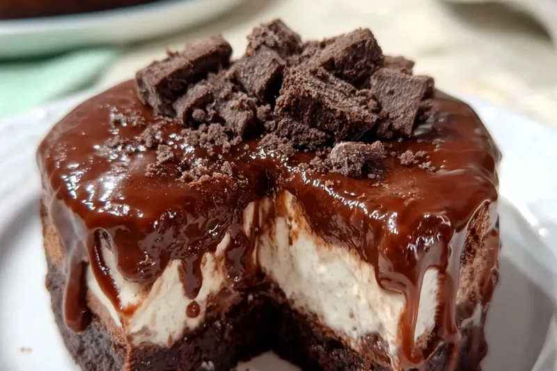 Layered brownie ice cream cake in springform pan showing the building process with brownie base and ice cream layers