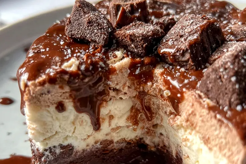 Ingredients for brownie ice cream cake including chocolate, ice cream containers, eggs, flour, and cocoa powder arranged on marble counter
