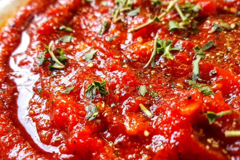 Pizza sauce simmering in a stainless steel saucepan with wooden spoon, showing the rich red color and perfect consistency as it reduces