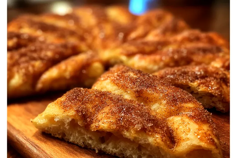 Ingredients for cinnamon sugar pizza laid out on a marble counter: tubes of crescent roll dough, melted butter in a bowl, granulated sugar, ground cinnamon, vanilla extract, and powdered sugar for glaze