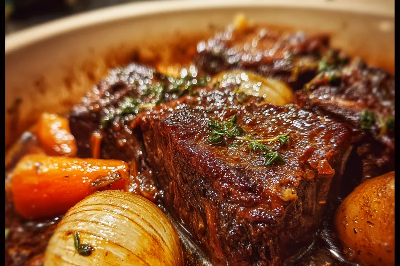 Pot roast simmering in red wine and vegetables