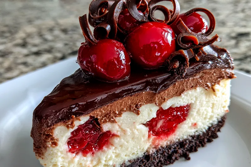 Step-by-step photos of making No-Bake Black Forest Cheesecake, showing mixing, layering, and chilling process.