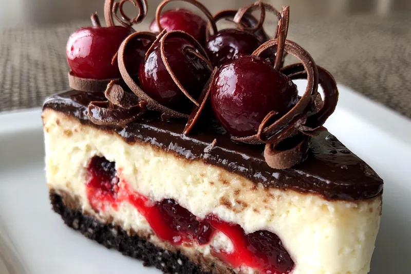 Ingredients for No-Bake Black Forest Cheesecake arranged on a countertop, including cherries, cream cheese, and chocolate.