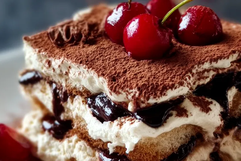 Layers of Black Forest Tiramisu being assembled in a glass dish, showing coffee-soaked ladyfingers, mascarpone cream, and cherry compote