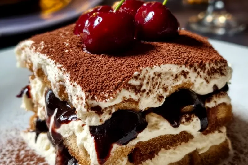 Ingredients for Black Forest Tiramisu including ladyfingers, fresh cherries, mascarpone, dark chocolate, espresso, and kirsch arranged on marble surface