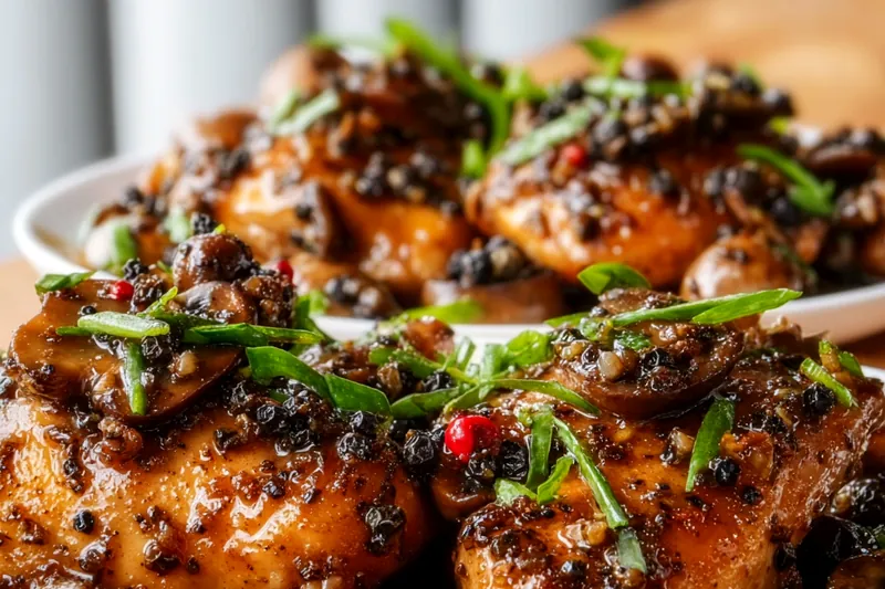 Action shot of mushrooms sizzling in a hot wok with visible caramelization, steam rising, and chef's hand tossing them with a wooden spatula, golden-brown edges visible on the mushrooms