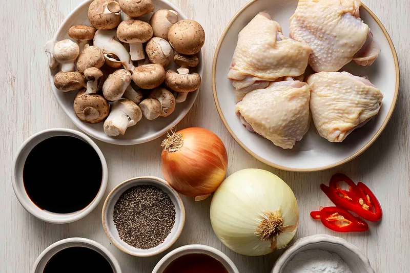 Overhead flat lay of ingredients including fresh whole mushrooms, garlic cloves, green onions, small bowls of soy sauce and oyster sauce, black peppercorns in grinder, and red chili pepper on a marble countertop