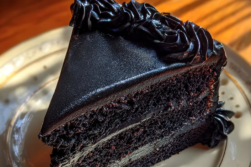 Baking process of Decadent Black Velvet Cake showing batter being poured into cake pans.