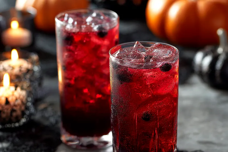 Ingredients for Black Widow Sparklers arranged dramatically on a black surface including bottles of black vodka, blackberry liqueur, pomegranate juice, prosecco, edible glitters, and fresh blackberries