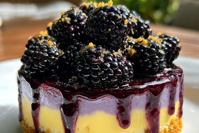 Ingredients laid out for Decadent Blackberry Cheesecake Delight including fresh blackberries and cream cheese.