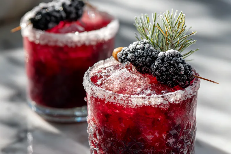Process shot showing hands muddling fresh rosemary sprigs in the bottom of a blender, with blackberries waiting nearby, bottles of tequila and Cointreau visible, and a separate image of the purple margarita mixture being blended with visible berry seeds throughout the smooth, slushy texture