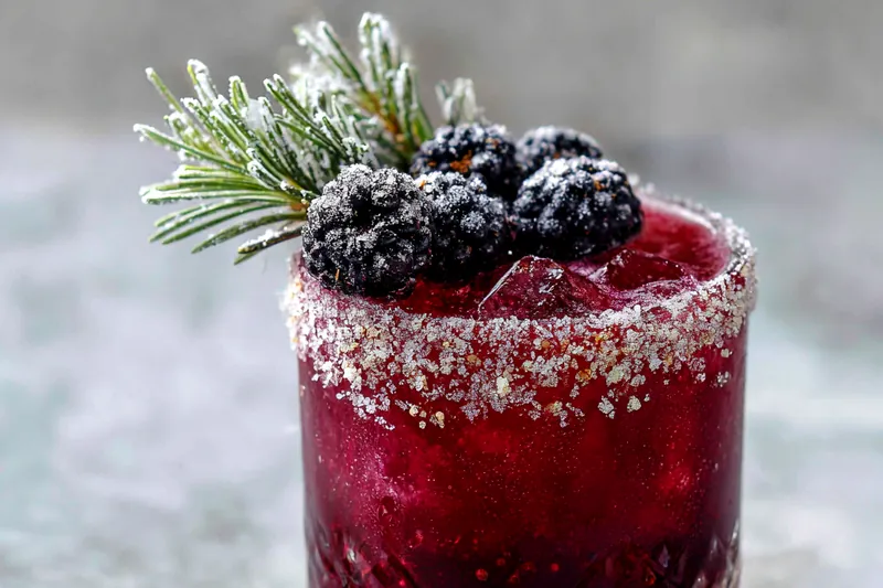 Overhead flat lay of fresh blackberries in a white ceramic bowl, fresh rosemary sprigs with vibrant green needles, cut limes showing juicy flesh, bottles of silver tequila and Cointreau, coarse sea salt in a small dish, and sugared cranberries with pine sprigs on a marble surface