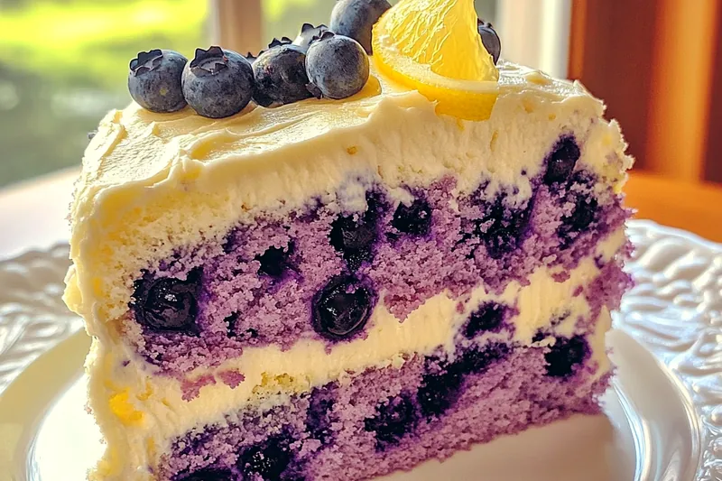 Fresh ingredients for blueberry lemon cake including plump blueberries, lemons, butter, flour, and eggs arranged on white marble countertop
