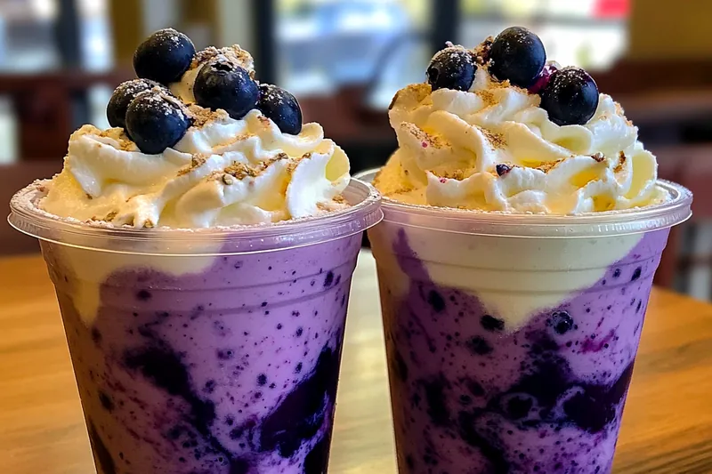 Ingredients for Blueberry Cloud Frappe Delight arranged on a kitchen counter.