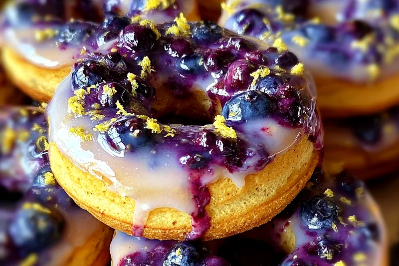 Golden blueberry donuts baking in donut pans showing perfect rise and visible blueberries, with lemon glaze being prepared in the background