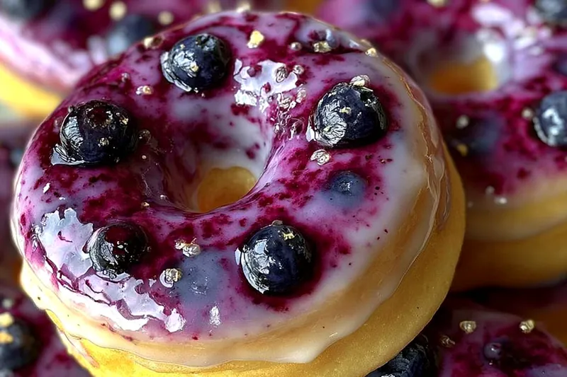 Fresh ingredients for blueberry lemon donuts including plump blueberries, lemons, flour, eggs, and buttermilk arranged on a white marble surface