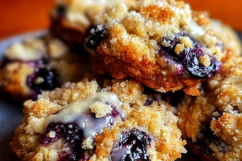 Blueberry muffin cookies baking in the oven showing golden streusel topping and visible blueberries, demonstrating perfect doneness