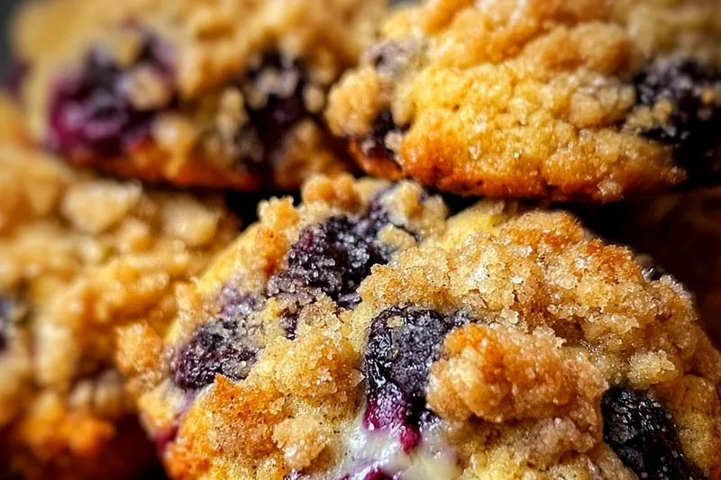Baking ingredients for blueberry muffin cookies including fresh blueberries, flour, butter, and streusel topping ingredients arranged on a marble counter