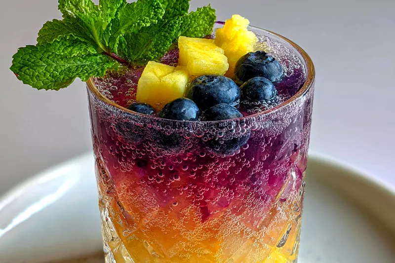 The process of blending fresh fruits to create a smooth puree for the Fruity Blueberry Pineapple Cocktail.