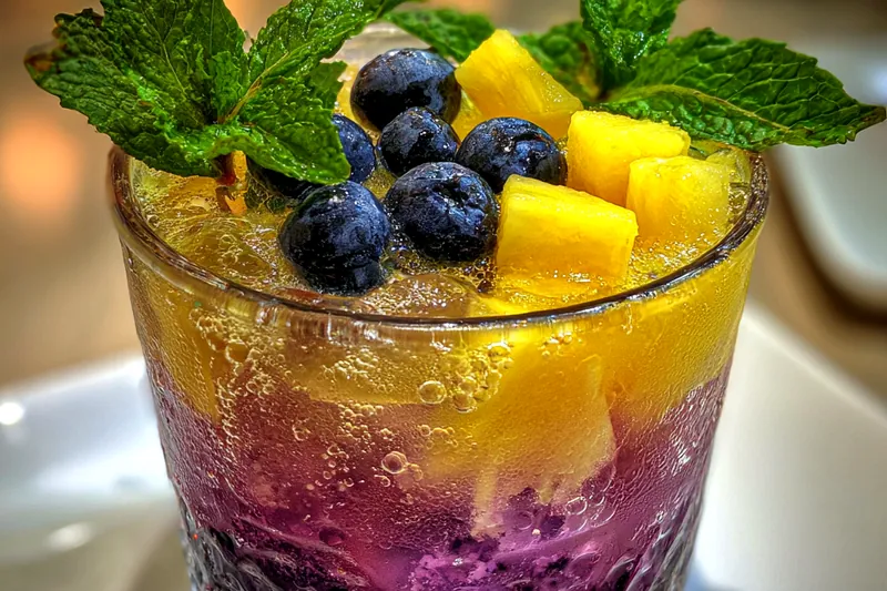 A vibrant display of fresh blueberries, pineapple chunks, and cocktail ingredients arranged stylishly.