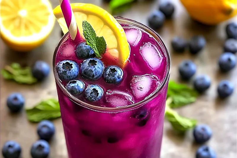 Fresh ingredients for blueberry tea lemonade including fresh blueberries, lemons, tea bags, and sugar arranged on white surface