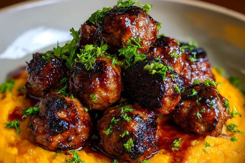 Chef Mitchell stirring the savory bourbon meatballs in a skillet, surrounded by ingredients.