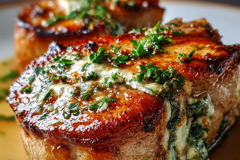 Boursin stuffed pork chops searing in a cast iron skillet with golden-brown crust forming and herb-flecked cheese visible
