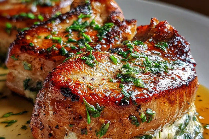Thick-cut pork chops, Boursin cheese wheel, fresh herbs, breadcrumbs, and seasonings arranged on a marble cutting board
