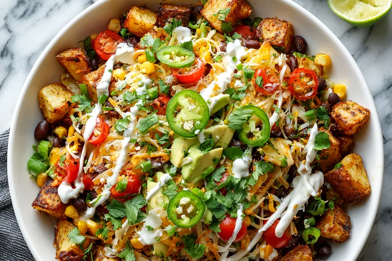 Fresh Yukon Gold potatoes cut into uniform cubes alongside olive oil, seasonings, and fresh rosemary on a wooden cutting board