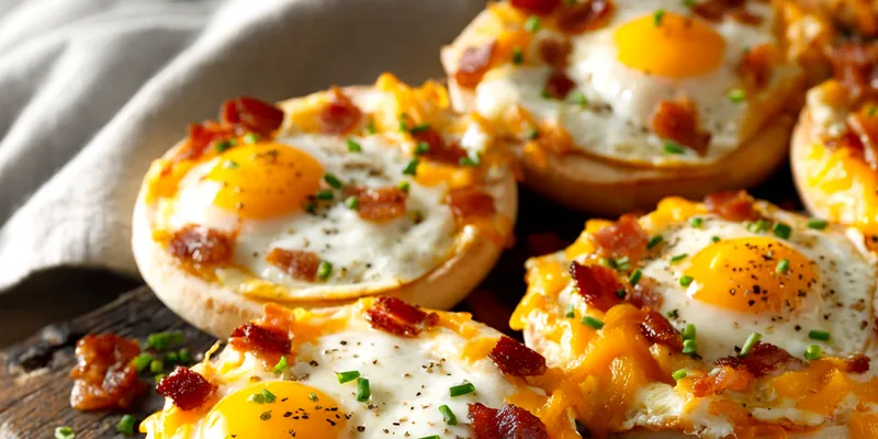 Breakfast English Muffin Pizzas with Eggs and Bacon