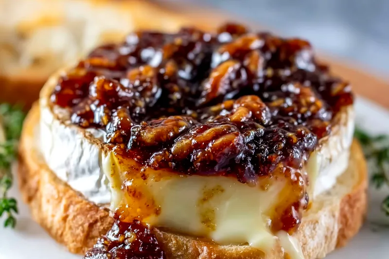 Fresh baguette, creamy brie wheel, jar of fig jam, walnuts, honey, thyme, and olive oil arranged on a rustic wooden board