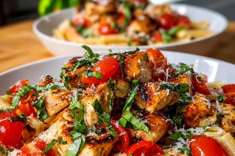 Bruschetta chicken pasta being tossed in a large skillet with fresh tomatoes, basil, and melted mozzarella creating colorful, appetizing mixture