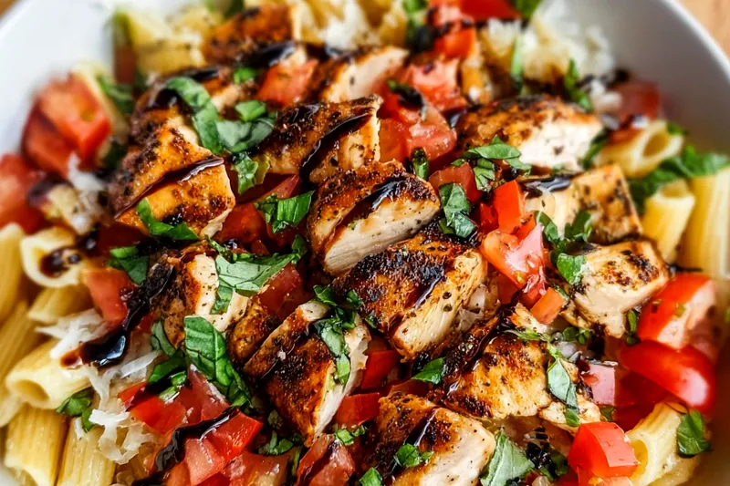 Fresh ingredients for bruschetta chicken pasta including ripe tomatoes, basil, garlic, chicken breast, mozzarella, and pasta on a marble counter