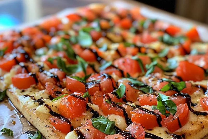 A vibrant setup of fresh ingredients for Fresh Bruschetta Pizza Delight, including tomatoes, basil, and cheese.