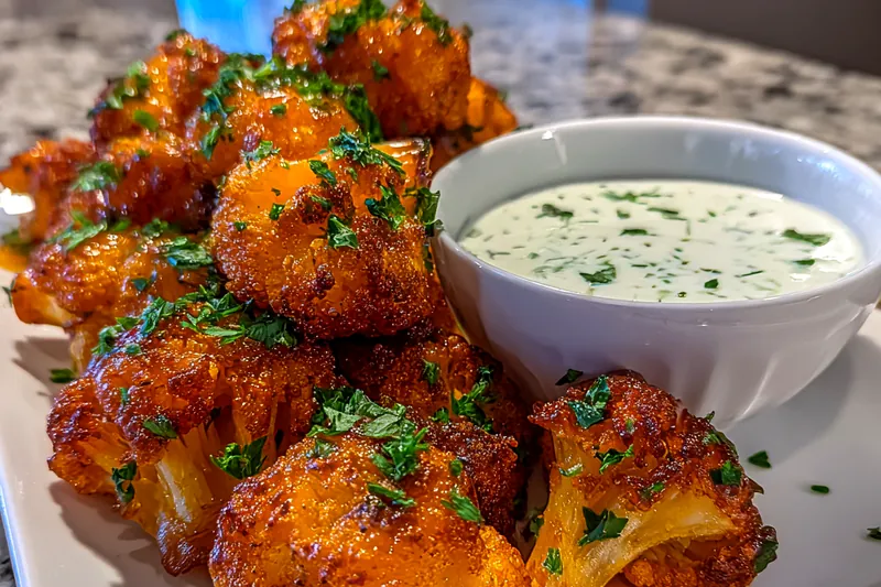 The cooking process of Buffalo Cauliflower Delight, showcasing the crispy cauliflower baking in the oven.
