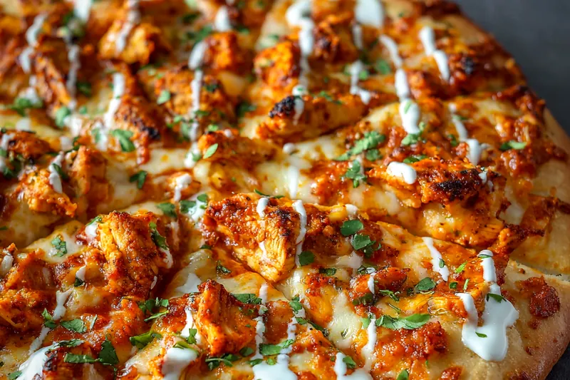 Buffalo chicken pizza baking in the oven with golden, bubbling cheese and perfectly crispy edges forming