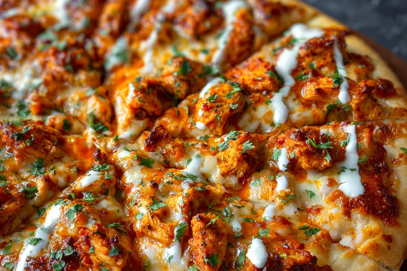 Buffalo chicken pizza ingredients including diced chicken, buffalo sauce, cheeses, vegetables, and pizza dough arranged on a marble counter