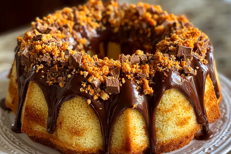 A step-by-step visual of the baking process for Classic Butterfinger Cake, showing the mixing, baking, and frosting stages.