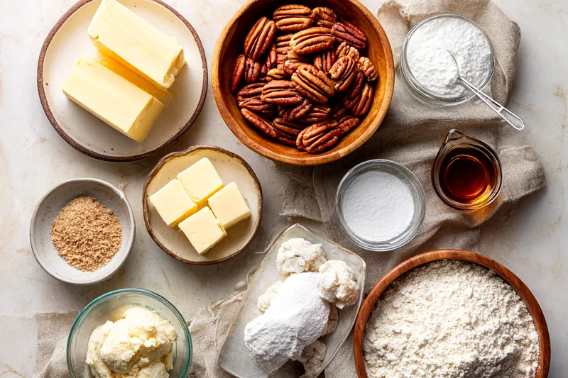 Hand rolling a warm pecan cookie ball in powdered sugar, with a cooling rack of freshly baked cookies in the background