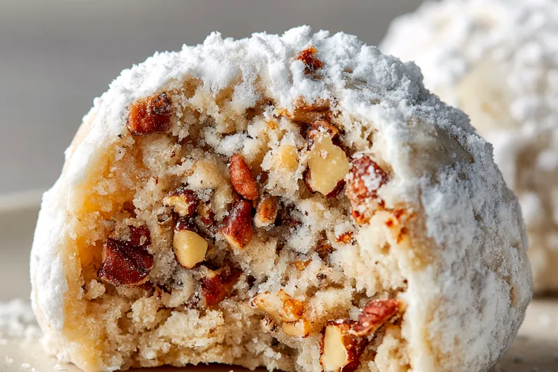 Flat-lay of baking ingredients including softened butter in a bowl, all-purpose flour, powdered sugar, whole pecans in a wooden bowl, vanilla extract, and salt arranged on a light surface