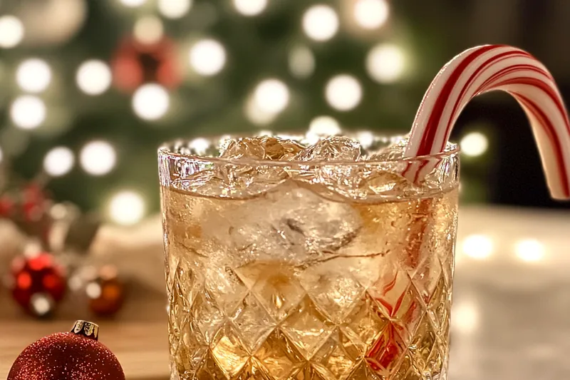 Ingredients for Festive Candy Cane Margarita lined up on a table, including tequila, cranberry juice, and candy canes.