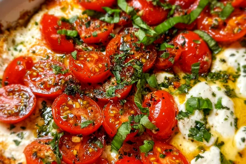 Caprese dip bubbling in a cast iron skillet in the oven with golden melted cheese and roasted tomatoes visible