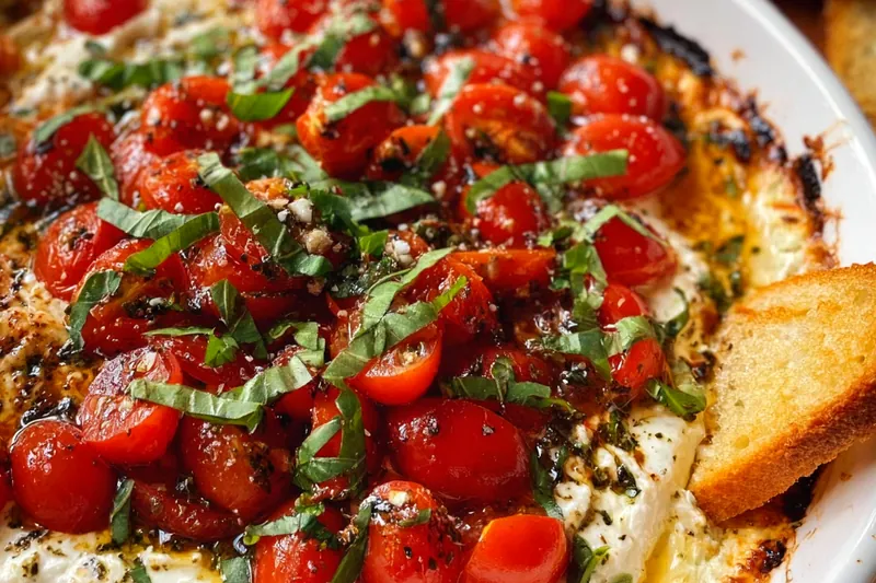 Fresh caprese dip ingredients including mozzarella balls, cherry tomatoes, fresh basil, cream cheese, and olive oil arranged on a marble board
