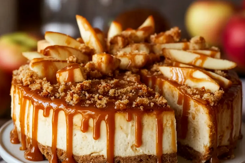 Process of making caramel apple topping in a skillet, showing golden-brown apple slices coated in cinnamon caramel sauce being stirred with a wooden spoon