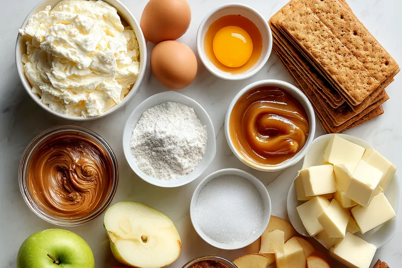 Ingredients for Caramel Apple Pie Cheesecake displayed on a wooden surface: cream cheese, eggs, apples, graham crackers, butter, sugar, cinnamon, and caramel sauce in measuring cups and bowls