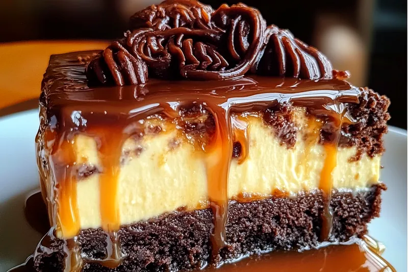 Cross-section of baked caramel brownie cheesecake in springform pan showing the three distinct layers before caramel topping