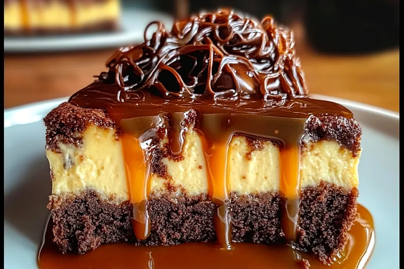 Ingredients for caramel brownie cheesecake including cream cheese blocks, cocoa powder, sugar, eggs, and butter arranged on marble surface