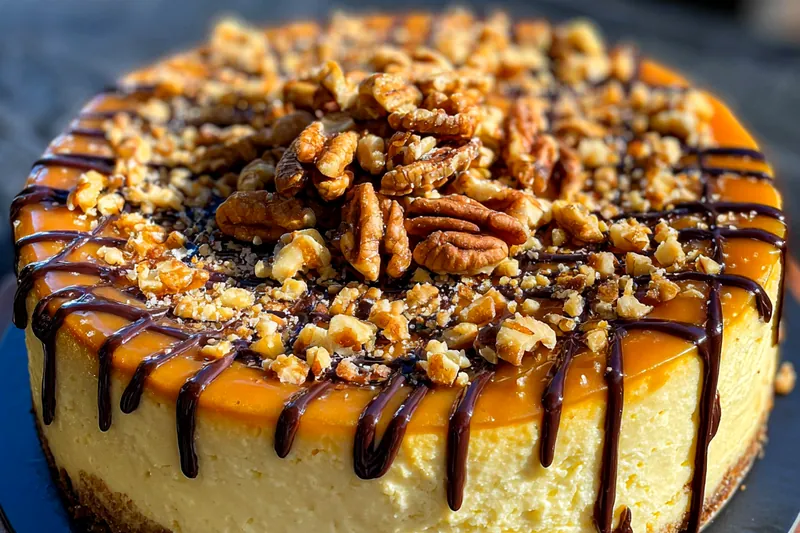 A step-by-step photo of the cooking process for Decadent Caramel Turtle Cheesecake, showing the crust and cheesecake filling being prepared.