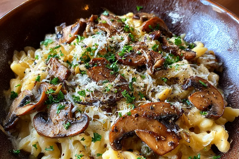 A skillet with creamy Leek Mushroom Gruyere Pasta being stirred, showcasing the rich sauce.
