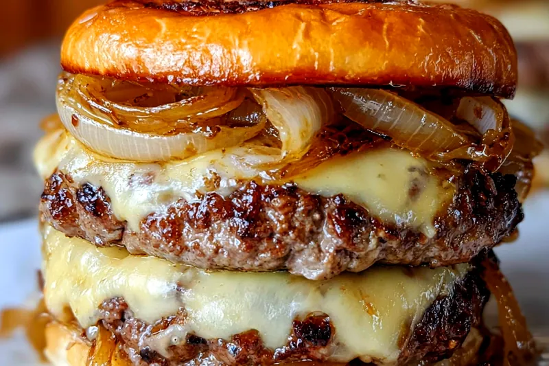 Ingredients for caramelized onion double cheeseburger including ground beef, yellow onions, cheese slices, brioche buns, and seasonings arranged on a wooden cutting board